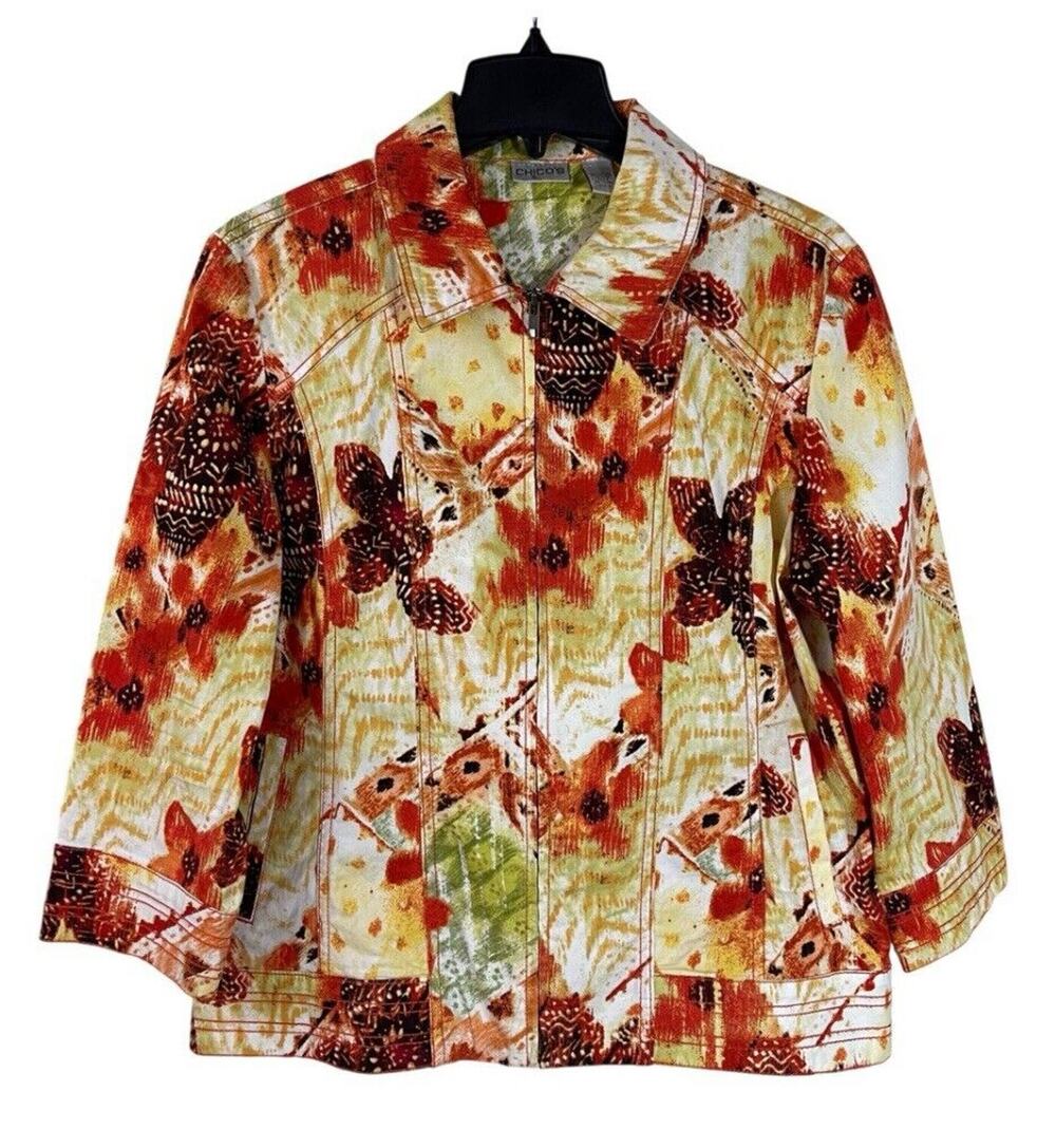 Chico's Full Zip Jacket Womens Size 2 US Medium Orange Floral Print Collared